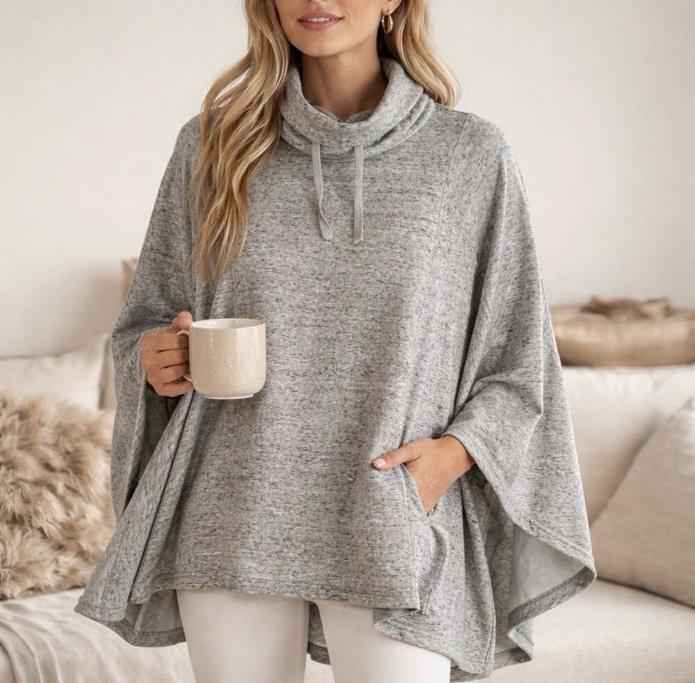 UGG Cozy Poncho Sweatshirt Cowl Neck Cape Pullover Fleece Lined Gray Oversized